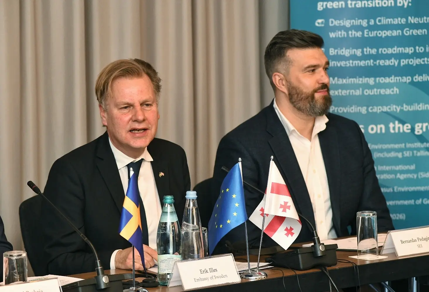 Erik Illes, Head of Development Cooperation and Deputy Head of Mission at the Swedish Embassy in Georgia, and Bernardas Padegimas, Team Lead of the Green Agenda project, deliver opening remarks at the project's launch in Tbilisi (Photograph by Giorgi Bejanishvili)